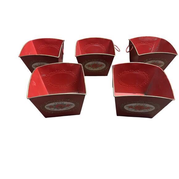 Red Metal Pot Tin Noel Joy Peace Christmas Holiday Flower Plant Planted Vase - Picture 2 of 16